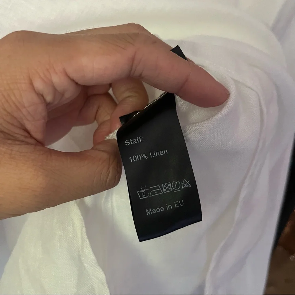 VISIBLE ART white linen mandarin collar button up long sleeve shirt‎